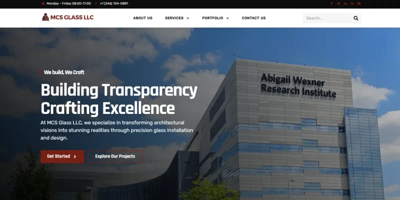 Diseño de la página principal de MCSGlassUSA desarrollada en WordPress con Elementor Pro