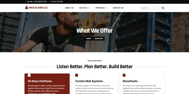 Estructura visual del sitio web de MCSGlassUSA creada con Elementor Pro