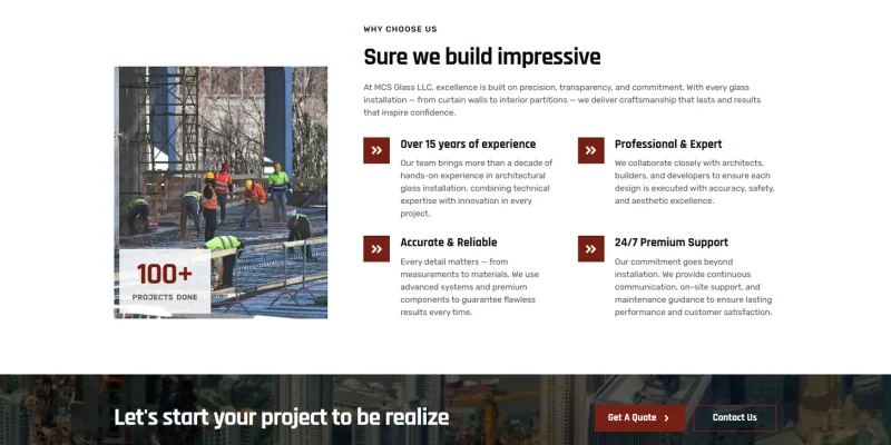 Interfaz de Elementor Pro empleada para construir las secciones del sitio MCSGlassUSA