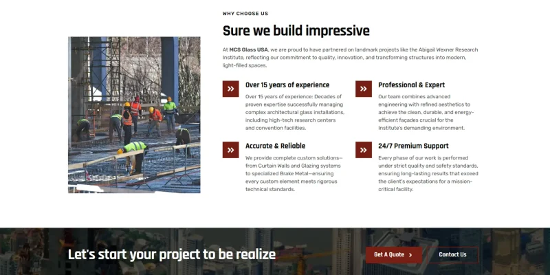 Sección de contacto del sitio web de MCSGlassUSA diseñada con Elementor Pro