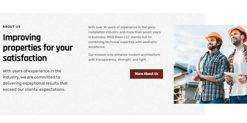 Vista de los servicios de instalación de vidrio comercial en el sitio web de MCSGlassUSA