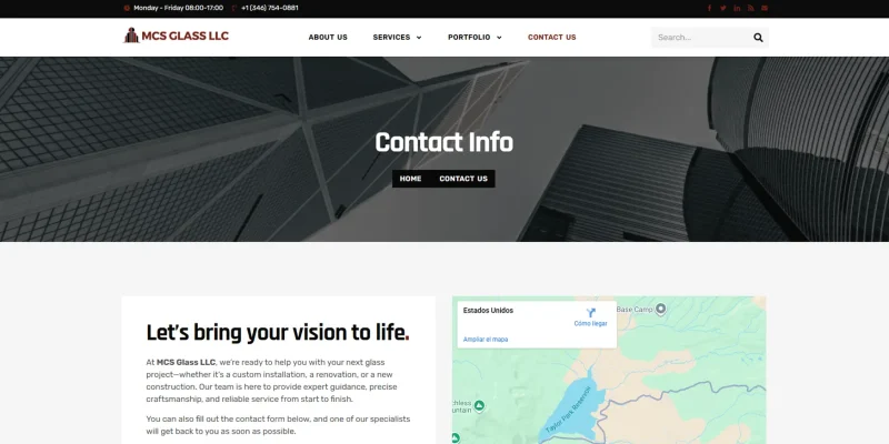 Vista interna del proceso de edición del sitio MCSGlassUSA en Elementor Pro